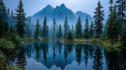 A misty mountain lake at sunrise