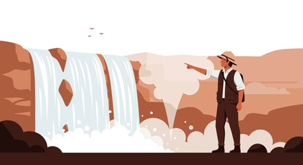 Fototapeta premium Adventurer Observes Picturesque Waterfall Scene With Breathtaking Mountain Views