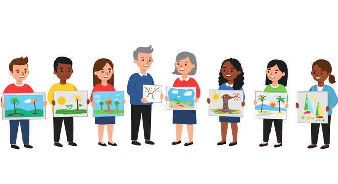 Group of diverse children and adults proudly displaying their landscape paintings, art class.