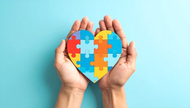 Hands holding a heart-shaped puzzle