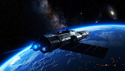 Spaceship orbiting earth in outer space