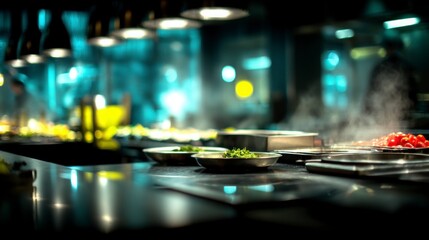 Close up view of a busy restaurant kitchen with steaming food and glowing lights