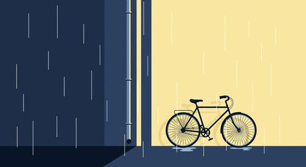 A rainy day bicycle scene with vector illustration and peaceful ambiance design concept