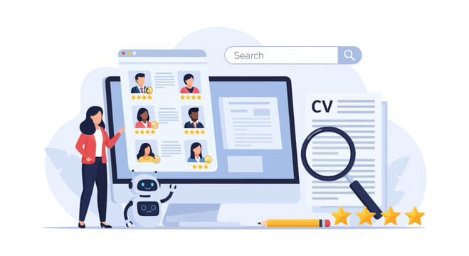 AI powered recruitment process, a robot assists in online candidate search and filtering and review of cvs with star rating system
