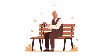An elderly man with walking stick sitting on a bench in an autumn setting illustration