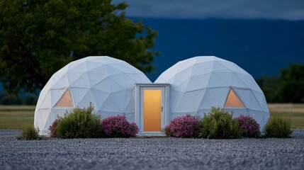 Two white geodesic dome structures with illuminated doorway and triangular windows