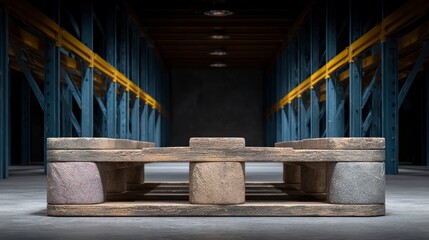 Wooden pallet resting on concrete floor inside a dark warehouse with metal shelving