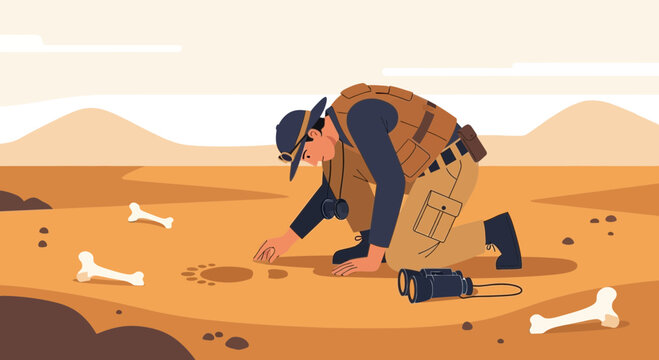 An archeologist unearths fossils in a dry desert landscape showcasing discovery and exploration of history in a vintage fashion