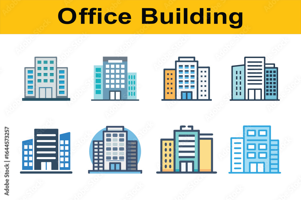 Aufkleber modern office building icons in various styles architecture skyscraper