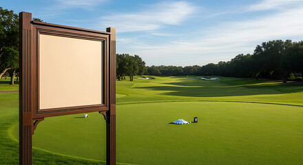 A blank sign board with an elegant wooden frame near the first tee of a pristine and exclusive golf course