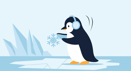 Naklejka premium Animated penguin with headphones and snowflake standing on icy ground illustration