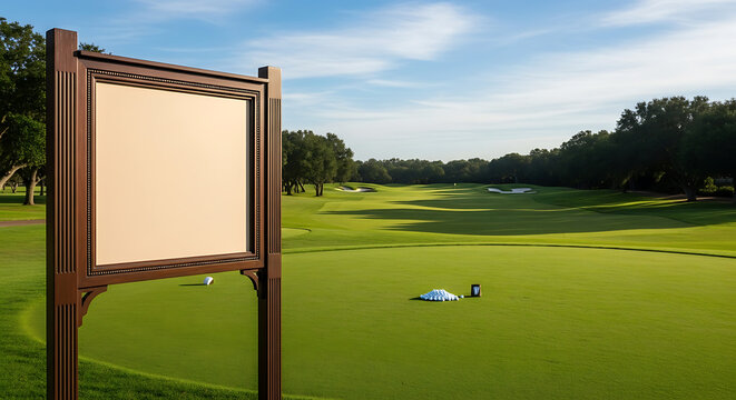 A blank sign board with an elegant wooden frame near the first tee of a pristine and exclusive golf course