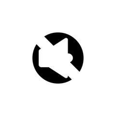 black and white vector illustration of a no sound sign, depicted as a solid black circle with a white speaker icon and a white diagonal line