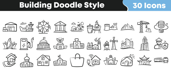 Set of 30 building doodle style icons for architecture, real estate, tourism, commercial, residential, and urban infrastructure concepts