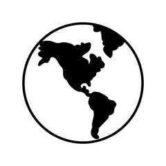 world globe map vector icon. the design features solid continents within a minimalist outline circle, representing the earth, global communication, international business, and travel.