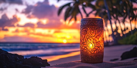 Sunset, carved candleholder on beach