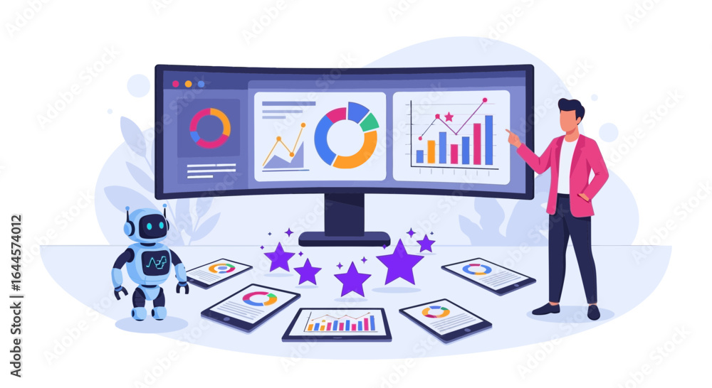 Aufkleber artificial intelligence and data analysis with man presenting business insights