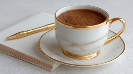 Elegant white and gold coffee cup on saucer next to a golden pen and notepad