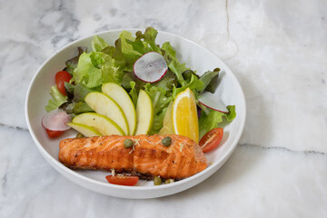 Grilled salmon steak with vegetables on a plate