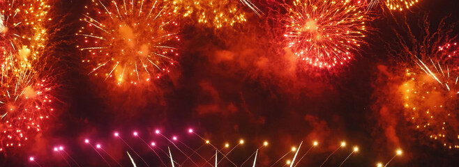 Banner red firework night time celebrate national holiday. Countdown new year 2025 festival with...