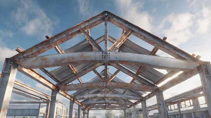 Rustic wooden barn frame against a bright blue sky with clouds