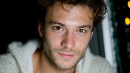 Close up portrait of a young man with brown curly hair and light brown eyes wearing a white sweater