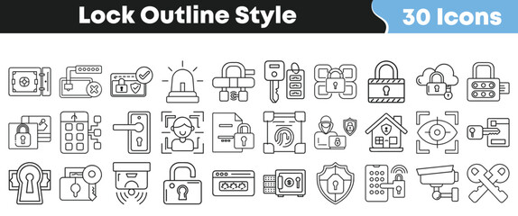 Lock outline style icon set with 30 modern security, privacy, and access control symbols for physical and digital protection in vector format