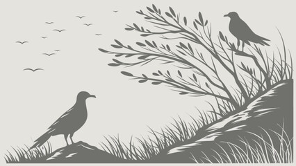 Silhouette birds landscape vector art illustration nature scene with tree and flying birds design vector