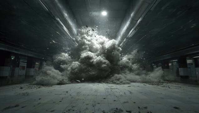 A massive grey dust explosion fills a long, dark, industrial corridor, lit by a single overhead light; debris scatters across the floor