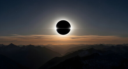 Solar eclipse view with mountains and sky background, symbolizing nature�s celestial beauty and phenomena