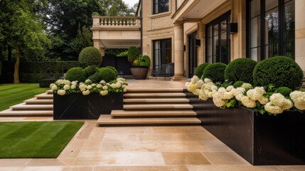 Luxurious garden design featuring elegant stone steps, manicured lawns, and lush greenery. Beautiful white hydrangeas and perfectly shaped topiaries enhance sophisticated outdoor space
