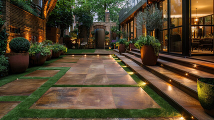 Fototapeta premium Beautifully designed outdoor garden featuring stone pathways, lush greenery, and modern lighting. serene atmosphere invites relaxation and enjoyment of nature beauty