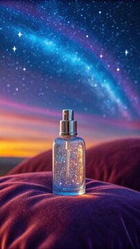 Aromatic perfume bottle on a soft pillow under a magical starry sky with a colorful nebula