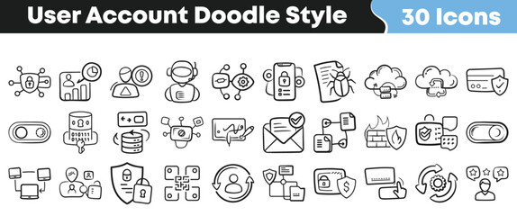 User account doodle style icon set with 30 hand-drawn profile, login, and security symbols for creative digital identity projects