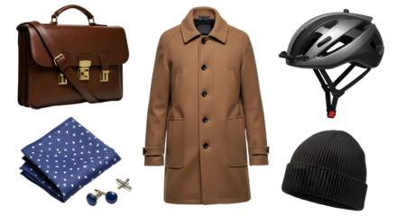 LIFESTYLE - Brown leather briefcase, classic brown buttoned coat, black bicycle helmet, black beanie, blue patterned pocket square, and silver cufflinks with blue stones on white background