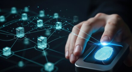 Fingerprint scanning for secure access to data and network systems, ensuring digital identity protection and biometric authentication in a futuristic technology environment for cybersecurity solutions