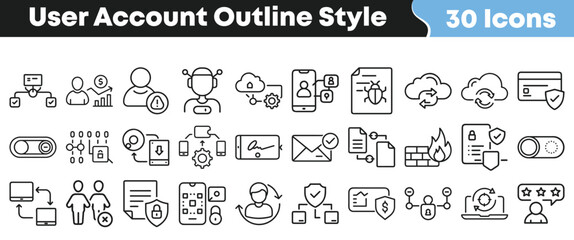 User account outline icon set with security, cloud, payment, privacy, and authentication symbols for technology interface