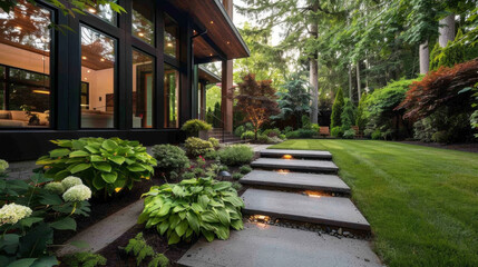 Beautifully landscaped garden features modern home with large windows, surrounded by lush greenery and vibrant plants. stone pathway leads to entrance, creating serene atmosphere
