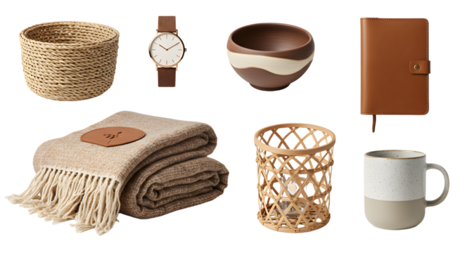 LIFESTYLE - Cozy minimalist home accessories set including wicker baskets, terracotta bowl, brown leather watch, notebook, beige throw blanket, and ceramic mug - Powered by Adobe