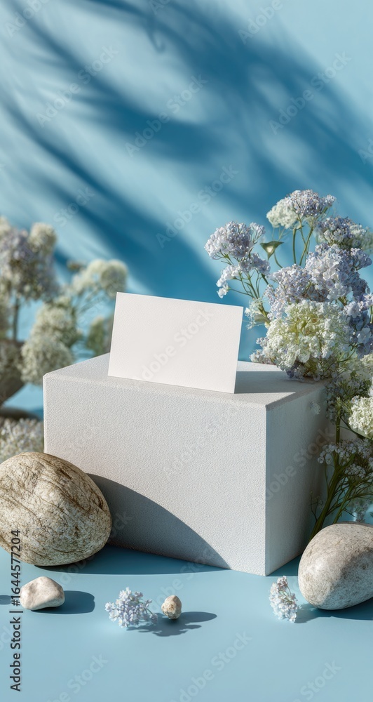 Poster minimalist product display featuring a blank card resting on a white cube, surrounded by small, pale