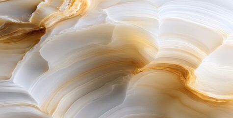 Close-up of abstract, layered, creamy white and caramel colored stone