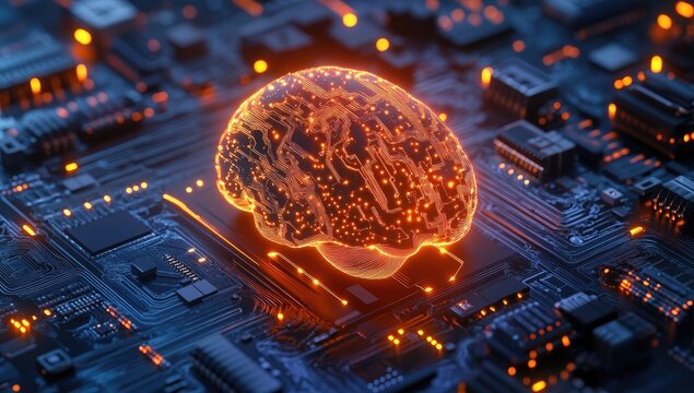 Human brain, glowing orange, atop circuit board