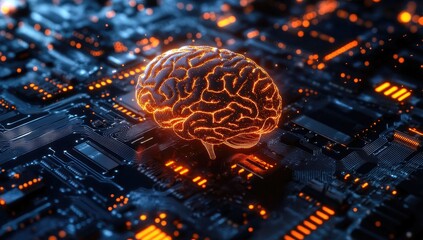 Brain on circuit board, glowing orange (1)
