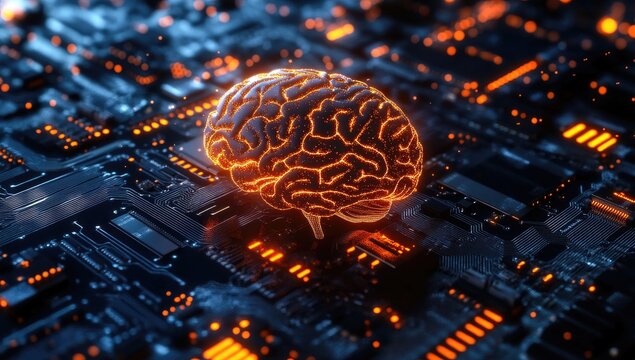 Brain on circuit board, glowing orange (1)