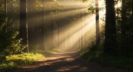 Obraz premium Enchanted Forest Path Bathed in Golden Sunlight, Serene Walkway through a Mystical Wood with Sunbeams