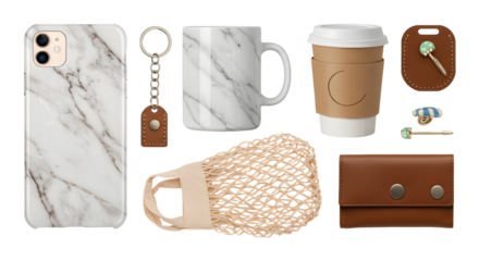 LIFESTYLE - Flat lay of marble pattern phone case, mug, net bag, and brown leather accessories with keys and takeaway coffee cup on white background