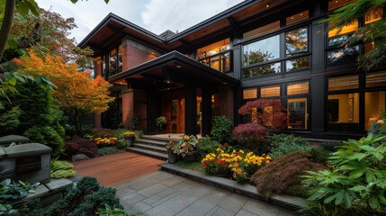 Fototapeta premium Luxurious modern house exterior with large windows, surrounded by vibrant flowers and lush greenery. inviting entrance features wooden pathway leading to beautifully landscaped garden