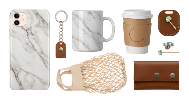 LIFESTYLE - Flat lay of marble pattern phone case, mug, net bag, and brown leather accessories with keys and takeaway coffee cup on white background - Powered by Adobe