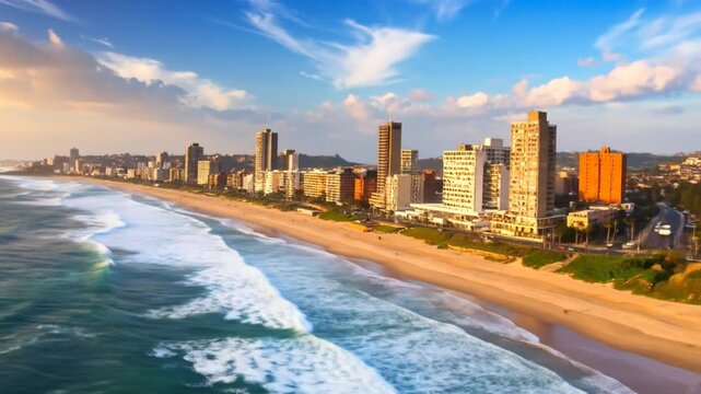 Coastal city skyline at sunset, with waves