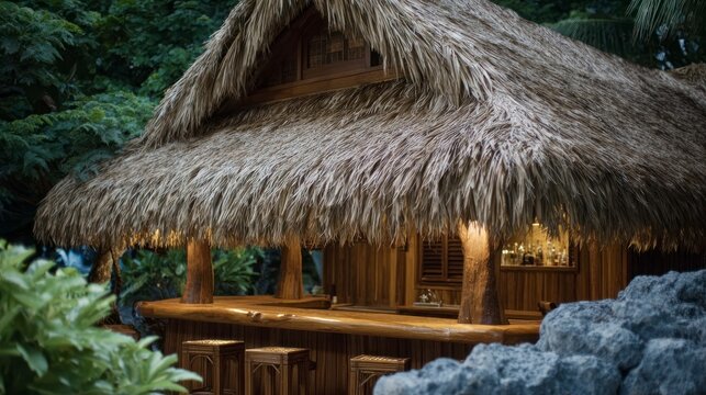 Tropical hut bar with thatched roof wooden counter stools and bottles on shelves surrounded by lush foliage